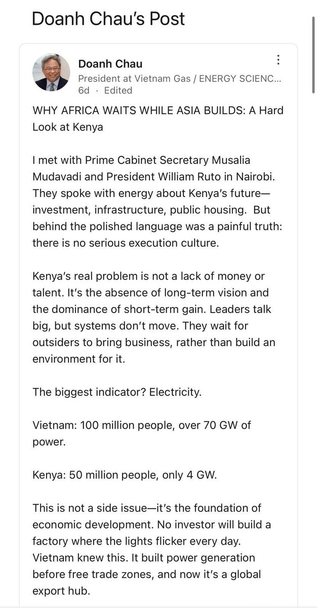 Vietnam's president sentiments on Kenya...

🚩 "... behind the polished language was a painful truth; there's no serious execution culture."

"They wait for outsiders to bring business, rather than built an environment for it." ✔️