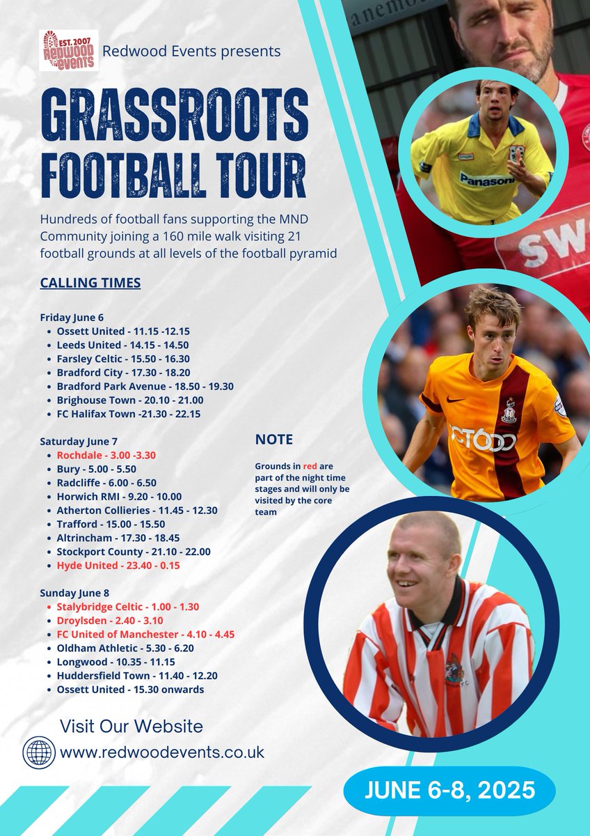 Mike Wilson* (@redsmail) on Twitter photo Hugely grateful to <a href="/StockportCounty/">Stockport County</a> for their support for the <a href="/DarbyRimmerMND/">Darby Rimmer MND Foundation</a> Grassroots Football Tour on June 6-8. So many clubs on our route have been so supportive. SCFC have been brilliant. Looking forward to the match on Saturday.
Come and join us redwoodevents.co.uk/grassroots-fooโฆ Hugely grateful to <a href="/StockportCounty/">Stockport County</a> for their support for the <a href="/DarbyRimmerMND/">Darby Rimmer MND Foundation</a> Grassroots Football Tour on June 6-8. So many clubs on our route have been so supportive. SCFC have been brilliant. Looking forward to the match on Saturday.
Come and join us redwoodevents.co.uk/grassroots-fooโฆ
