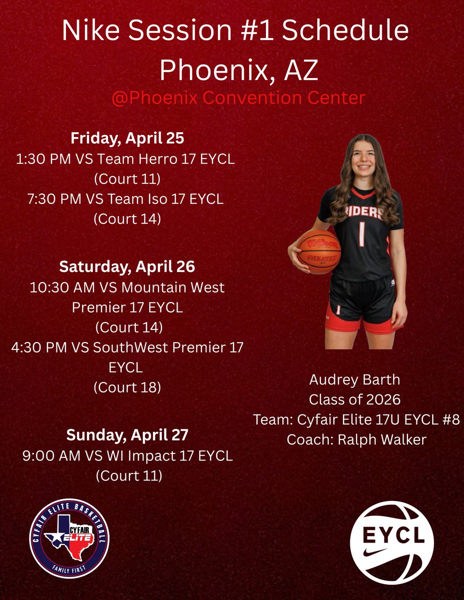 Audrey Barth (@audrey_barth_) on Twitter photo Nike session #1 starts tomorrow!! Ready and excited to compete with my team!
<a href="/BIQEliteBball/">BIQ Elite Basketball</a> <a href="/the_CoachWalker/">The_CoachWalker</a> <a href="/CFEliteSports/">CyFair Elite Sports</a> <a href="/Brenita33/">Brenita Jackson</a> <a href="/Kevin_KBJ/">Kevin Jackson</a> <a href="/GeoffGolden/">Geoff Golden</a> <a href="/BillBrock22/">Bill Brock</a> <a href="/CoachBJillson/">Beth Jillson</a> <a href="/AdiaBarnes/">ADIA BARNES COPPA</a> <a href="/CoachCoppa/">Salvo Coppa</a> <a href="/thecoachtmay/">Trent May</a> <a href="/CoachRAlvidrez/">Rebecca Alvidrez</a> Nike session #1 starts tomorrow!! Ready and excited to compete with my team!
<a href="/BIQEliteBball/">BIQ Elite Basketball</a> <a href="/the_CoachWalker/">The_CoachWalker</a> <a href="/CFEliteSports/">CyFair Elite Sports</a> <a href="/Brenita33/">Brenita Jackson</a> <a href="/Kevin_KBJ/">Kevin Jackson</a> <a href="/GeoffGolden/">Geoff Golden</a> <a href="/BillBrock22/">Bill Brock</a> <a href="/CoachBJillson/">Beth Jillson</a> <a href="/AdiaBarnes/">ADIA BARNES COPPA</a> <a href="/CoachCoppa/">Salvo Coppa</a> <a href="/thecoachtmay/">Trent May</a> <a href="/CoachRAlvidrez/">Rebecca Alvidrez</a>