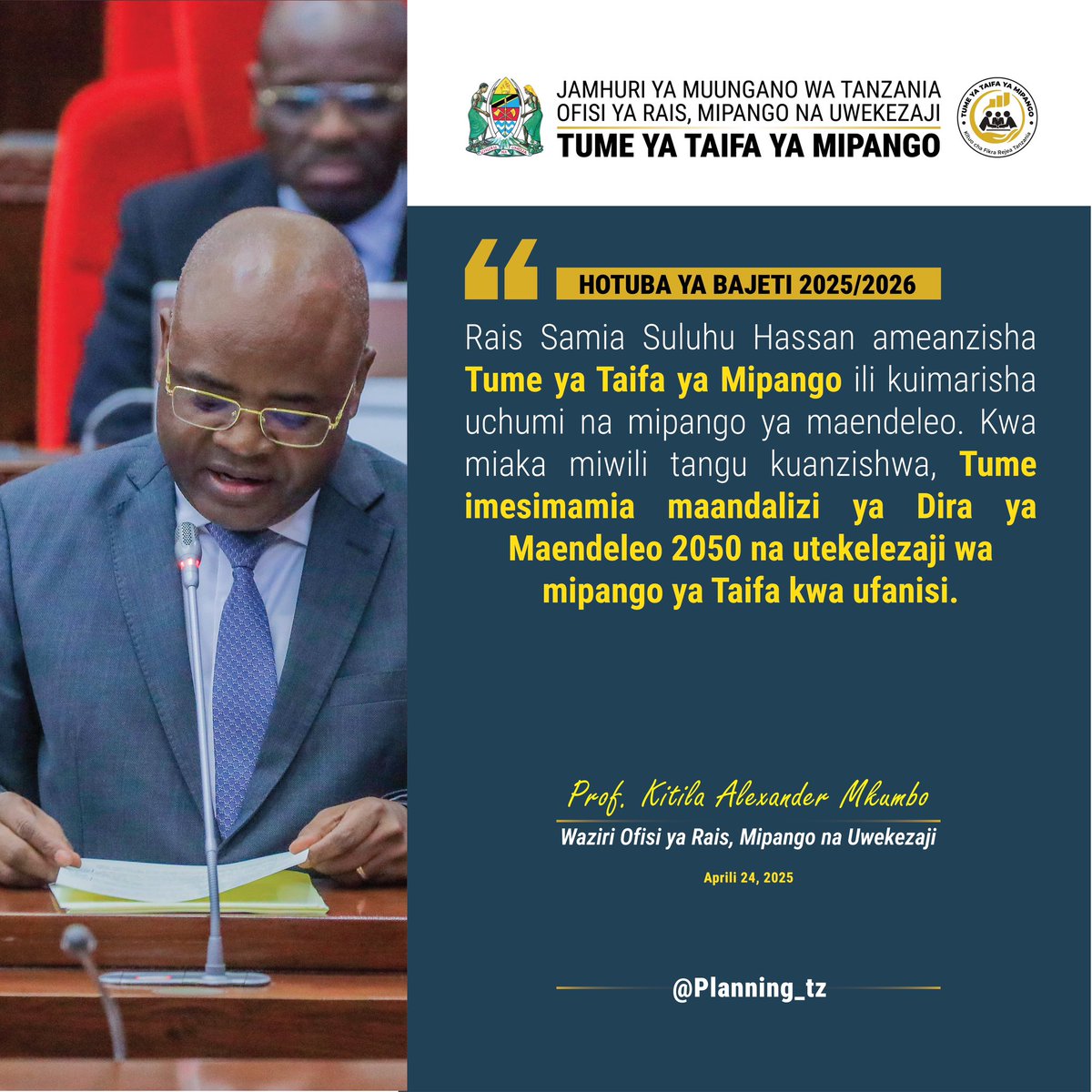 “Mhe. Dkt. Samia Suluhu Hassan Rais wa Jamhuri ya Muungano wa Tanzania ameanzidha Tume ya Taifa ya Mipango ili kuimarisha Uchumi na Mipango ya Maendeleo”
<a href="/kitilam/">Kitila Mkumbo (PhD)</a>