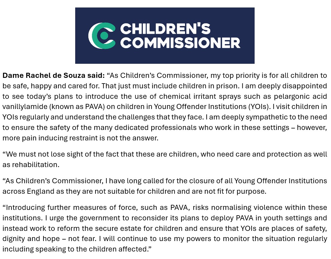 My top priority is for all children to be safe, happy and cared for, including those in custody. I'm deeply disappointed by govt plans to use PAVA spray on children in YOIs. These are children who need care, protection as well as rehabilitation. Read my full statement 👇