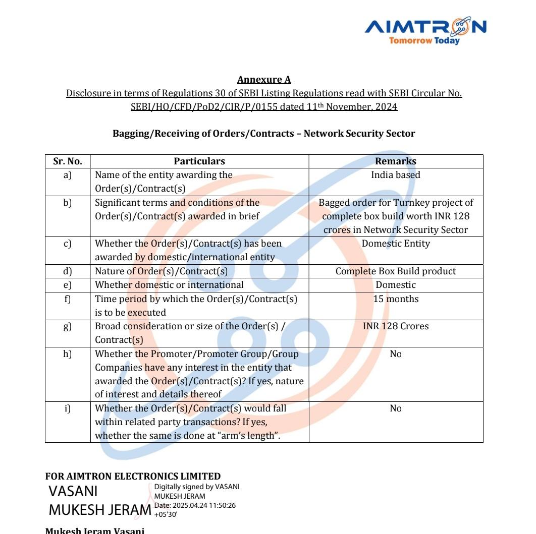 stockmarket8058's tweet image. Aimtron Electronics Ltd

#aimtron Bagged order for Turnkey project of complete box build worth INR 128 crs in Network Security Sector.

#OrderBook #aimtronelectronics #OptionsTrading #StocksToBuy
