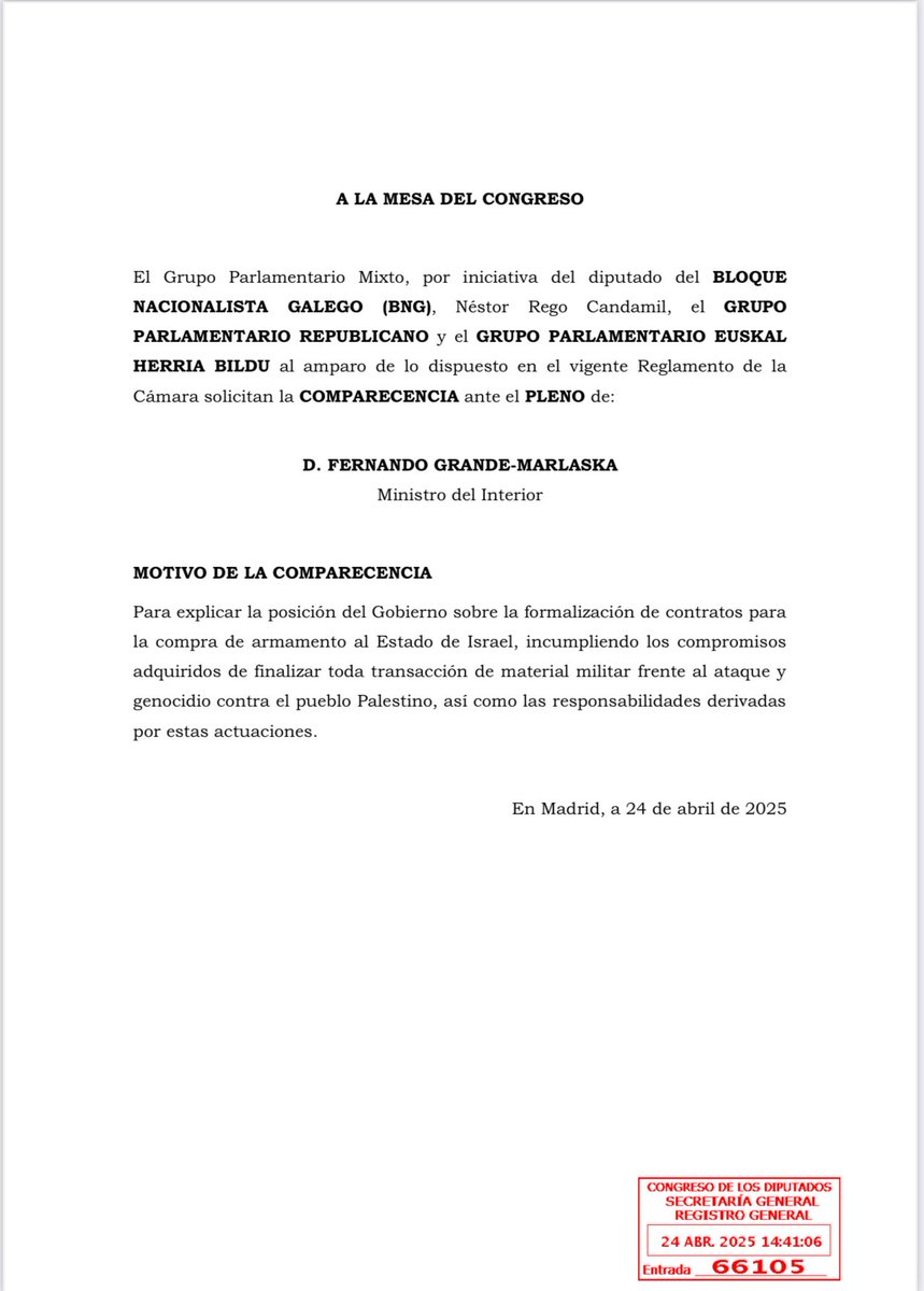 Pedimos junto con BNG y Bildu la comparecencia de Marlaska por la compra de armamento al Estado genocida de Israel.

Si no se va, al menos que se explique.