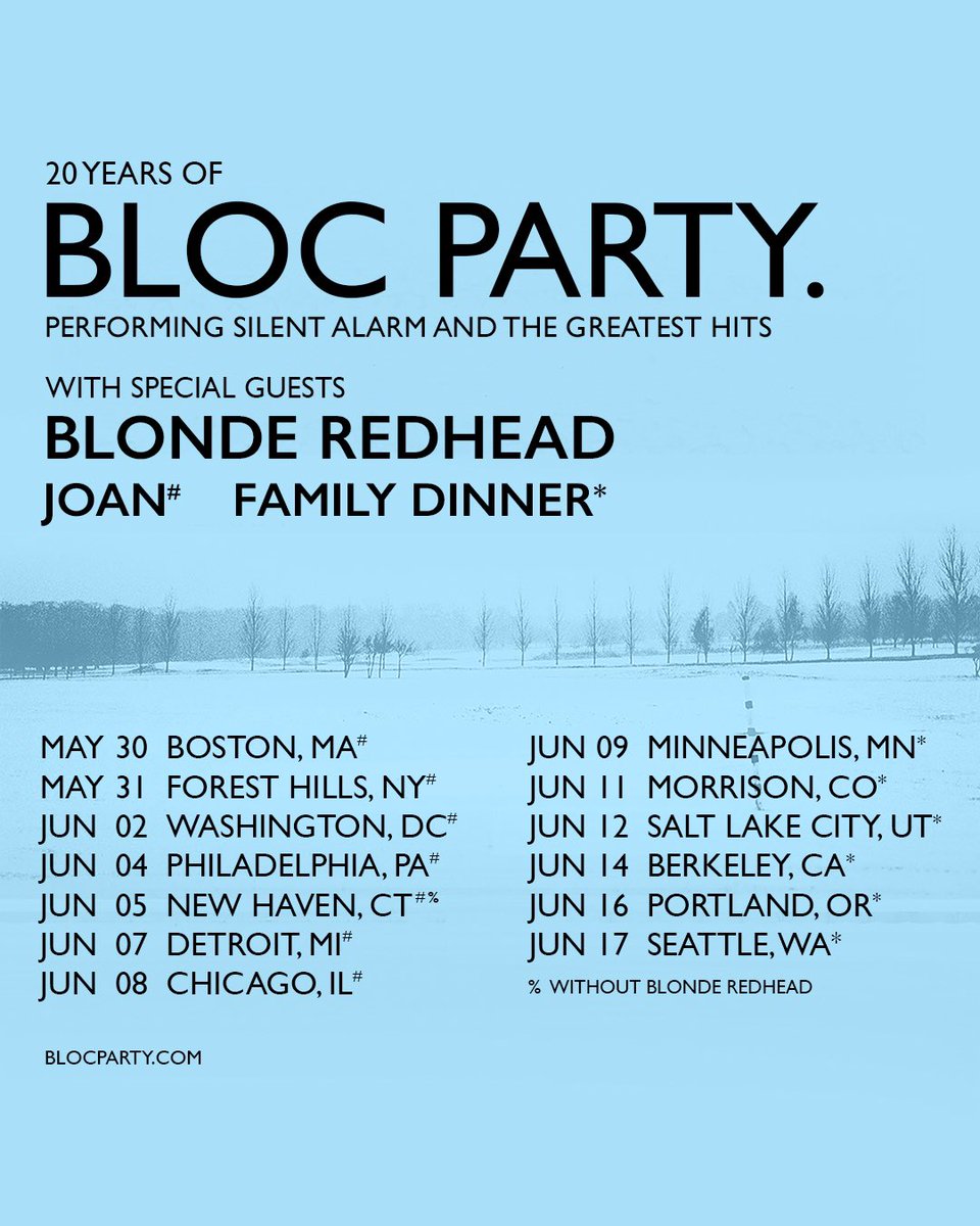 Bloc Party (@blocparty) on Twitter photo New Haven show added! Tickets on sale tomorrow (Friday 25th) at 10am local time: eventbrite.com/e/bloc-party-2ā¦
We're very excited to have <a href="/BlondeRedhead/">Blonde Redhead</a> <a href="/songsbyjoan/">joan</a> and <a href="/familydinnerusa/">FAMILY DINNER IS A BAND OF FREAKS</a> joining us for these shows. New Haven show added! Tickets on sale tomorrow (Friday 25th) at 10am local time: eventbrite.com/e/bloc-party-2ā¦
We're very excited to have <a href="/BlondeRedhead/">Blonde Redhead</a> <a href="/songsbyjoan/">joan</a> and <a href="/familydinnerusa/">FAMILY DINNER IS A BAND OF FREAKS</a> joining us for these shows.