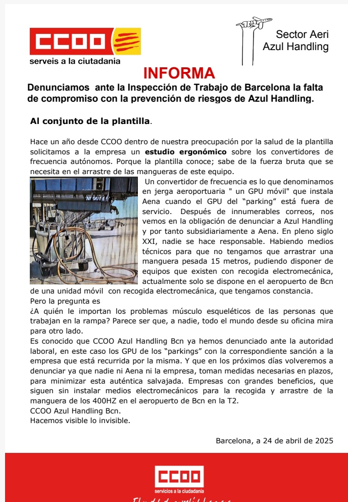 Ante la inacción de <a href="/AzulHandling/">Azul Handling</a> y <a href="/aena/">Aena</a> denunciamos ante la  <a href="/INSST_MITES_GOB/">INSST</a> la necesidad de medidas para la protección de la plantilla.<a href="/aereoccoo/">Sector Aéreo CCOO</a> <a href="/ccoo_fsc_cat/">fsc-ccoo ➕drets➕ democràcia➕sindicat</a>