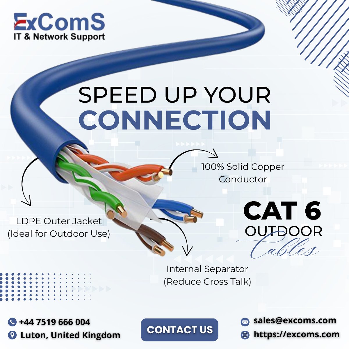 excoms_12's tweet photo. Speed Up Your Connection — Stay Ahead with ExComS!
Our CAT 6 Outdoor Cables are built to deliver top-tier speed, durability, and signal integrity.

LDPE Outer Jacket
Internal Separator
100% Solid Copper Conductor
.
Contact Us Today:
+44 7519 666 004
#HighSpeedConnection #ExComS https://t.co/riIYzvW33k