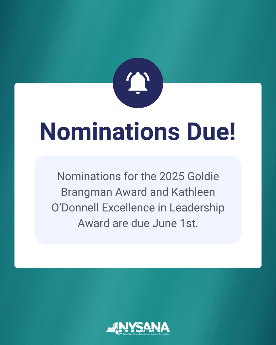 Nominations for the 2025 Goldie Brangman Award &amp; Kathleen O’Donnell Excellence in Leadership Award are due on 6/1. 🌟 Now is the time to submit your nominations for these prestigious awards. Which colleague do you want to recognize?

For more info, visit: nysana.com/awards