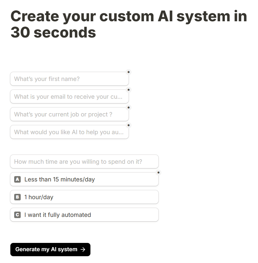 ExecGhost's tweet photo. It started like this:
I was messing with Tally, Notion, Make, and GPT.
No design. No brand.
Just an idea:
What if I could build AI systems for people in 24h, fully custom, no code? https://t.co/T4S5w8bnDL