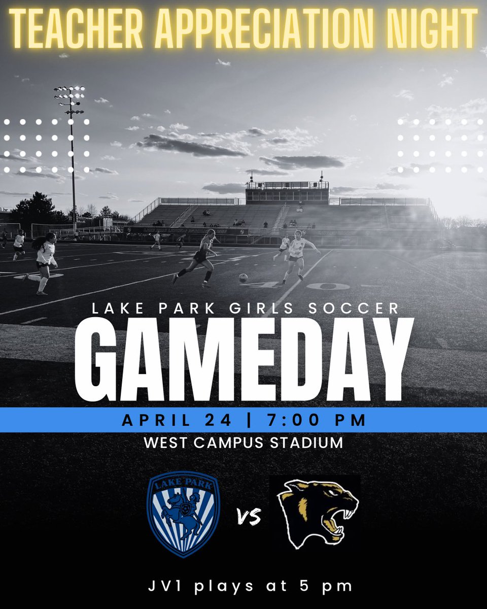 🚨GAMEDAY🚨

Girls Soccer is back at home tonight for Teacher Appreciation Night at the West Campus Stadium vs Glenbard North. Come out and support!

JV1 - 5:00 pm

VAR - 7:00 pm

*Teacher Appreciation activities will start at 6:30 pm