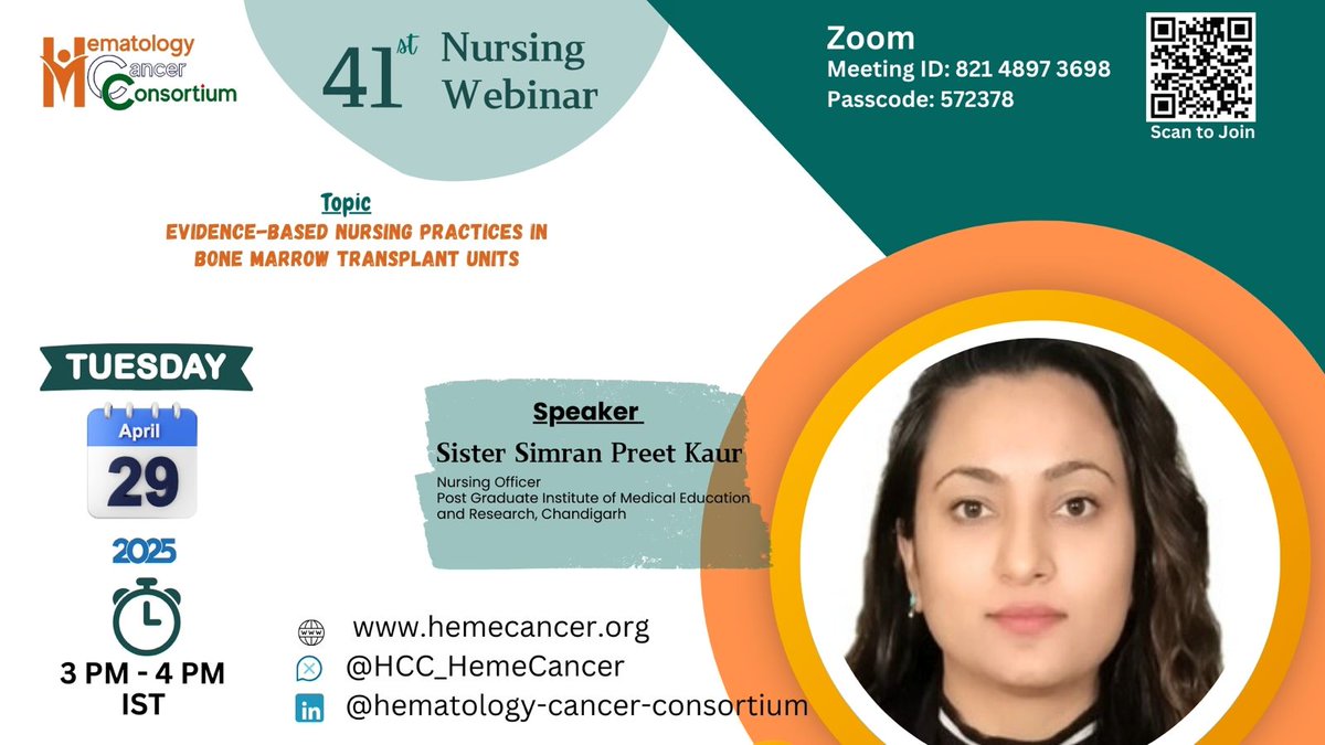 🩺 Join us for HCC's 41st Nursing Webinar!
📌 Evidence-Based Nursing Practices in Bone Marrow Transplant Units
🗓️ April 29 | 🕒 3–4 PM IST
🎙️ Sister Simran Preet Kaur, PGIMER Chandigarh
📍 Zoom: ID 821 4897 3698 | Passcode 572378
#HematoOncology #NursingWebinar #HCCWebinar