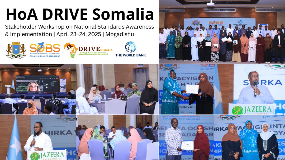 HoA DRIVE Somalia (@drivesom) on Twitter photo From Training to Action: Advancing Standards for Competitive Somali Livestock Exports
#Today, the Somali Bureau of Standards (<a href="/SobsSomalia/">Somali Bureau of Standards (SoBS)</a>), with support from #HoADRIVE, concluded a multi-phase capacity-building program with a two-day stakeholder workshop on implementing From Training to Action: Advancing Standards for Competitive Somali Livestock Exports
#Today, the Somali Bureau of Standards (<a href="/SobsSomalia/">Somali Bureau of Standards (SoBS)</a>), with support from #HoADRIVE, concluded a multi-phase capacity-building program with a two-day stakeholder workshop on implementing