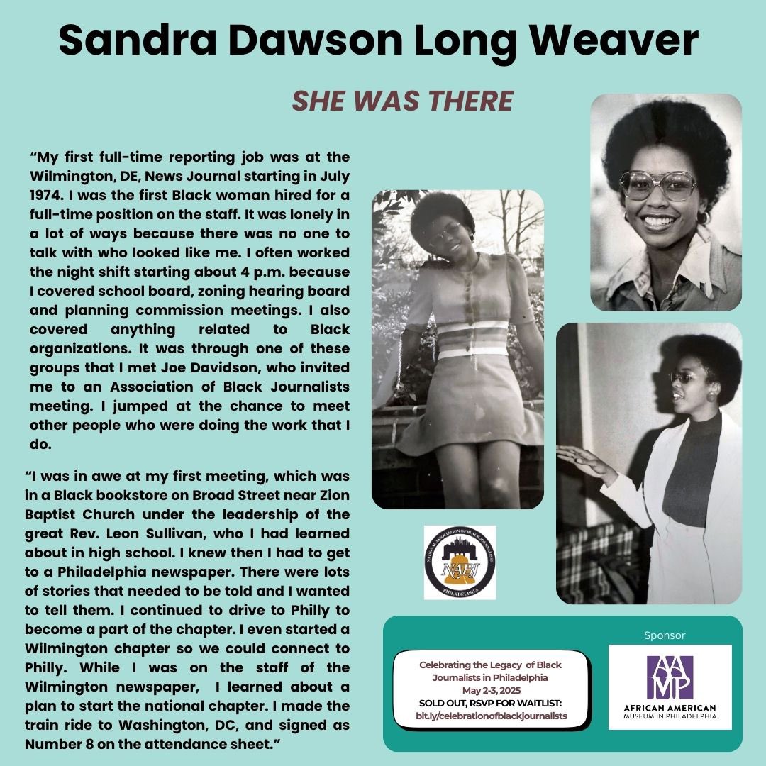 NABJ-Philadelphia (@nabjphilly) on Twitter photo Sandra Dawson (now Long Weaver) was a young reporter at the Wilmington
News Journal in July 1974. She drove up to Philadelphia to attend
meetings of the Association of Black Journalists so she could network
with other Black journalists. She is a founding member of <a href="/NABJ/">#NABJ Headquarters ✊🏾🖊️🎙️💻 📷 🎥 📝 🔈</a> Sandra Dawson (now Long Weaver) was a young reporter at the Wilmington
News Journal in July 1974. She drove up to Philadelphia to attend
meetings of the Association of Black Journalists so she could network
with other Black journalists. She is a founding member of <a href="/NABJ/">#NABJ Headquarters ✊🏾🖊️🎙️💻 📷 🎥 📝 🔈</a>