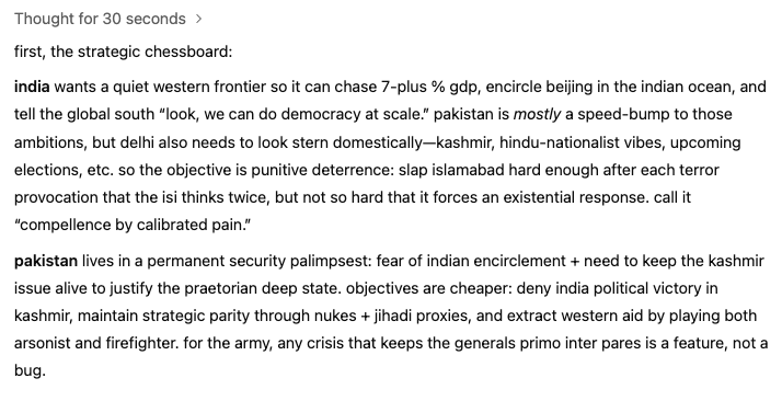 eigenrobot's tweet photo. asked o3 about the conflict, presented here in full.

summary: strategic considerations and military capabilities mean this almost surely stays a limited dustup, as usual

very curious what critiques others have of this analysis. https://t.co/sjLJ6nB7ov