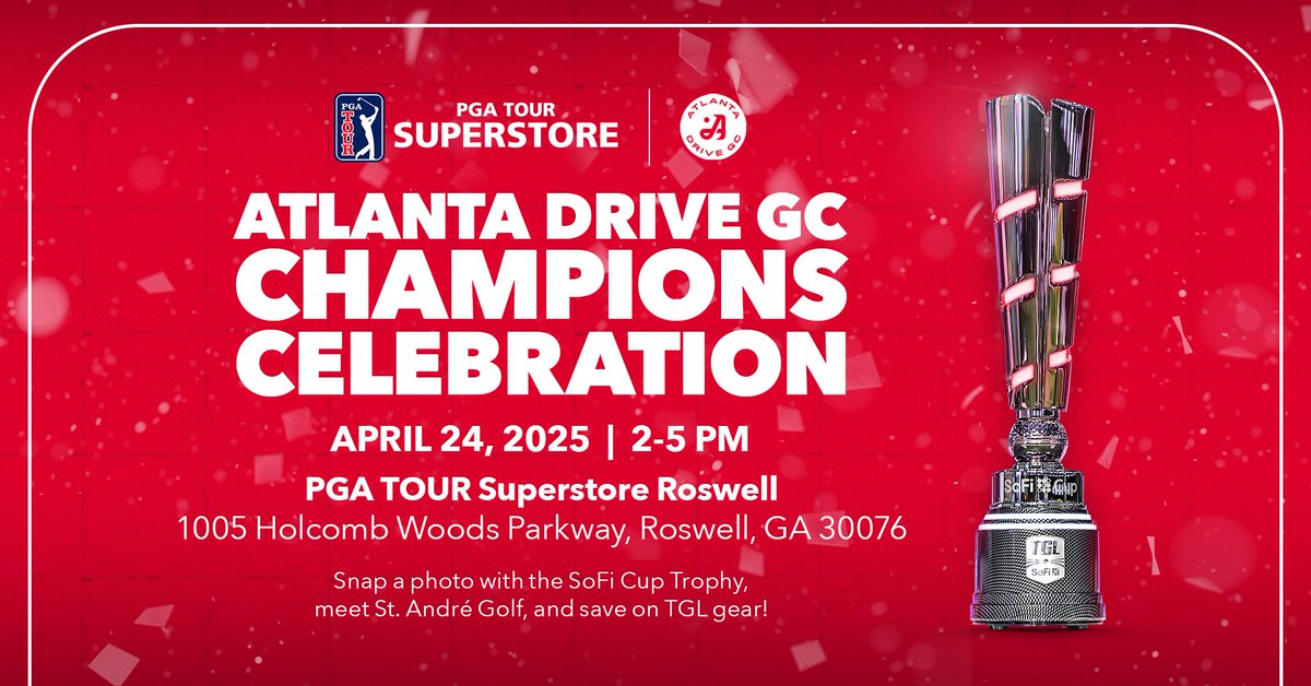 PGA TOUR Superstore (@pgatss) on Twitter photo ATL 🗣️
Join us this afternoon at our Roswell store to celebrate <a href="/atlantadrivegc/">Atlanta Drive GC</a>'s <a href="/TGL/">TGL</a> Championship!
Take your picture with the <a href="/SoFi/">SoFi</a> Cup Trophy, hang with the <a href="/StAndreGolf/">St. André Golf</a> crew, and grab your TGL gear all in one spot.
📍 1005 Holcomb Woods Pkwy, Roswell, GA 30076
⌚️ 2-5 PM ATL 🗣️
Join us this afternoon at our Roswell store to celebrate <a href="/atlantadrivegc/">Atlanta Drive GC</a>'s <a href="/TGL/">TGL</a> Championship!
Take your picture with the <a href="/SoFi/">SoFi</a> Cup Trophy, hang with the <a href="/StAndreGolf/">St. André Golf</a> crew, and grab your TGL gear all in one spot.
📍 1005 Holcomb Woods Pkwy, Roswell, GA 30076
⌚️ 2-5 PM