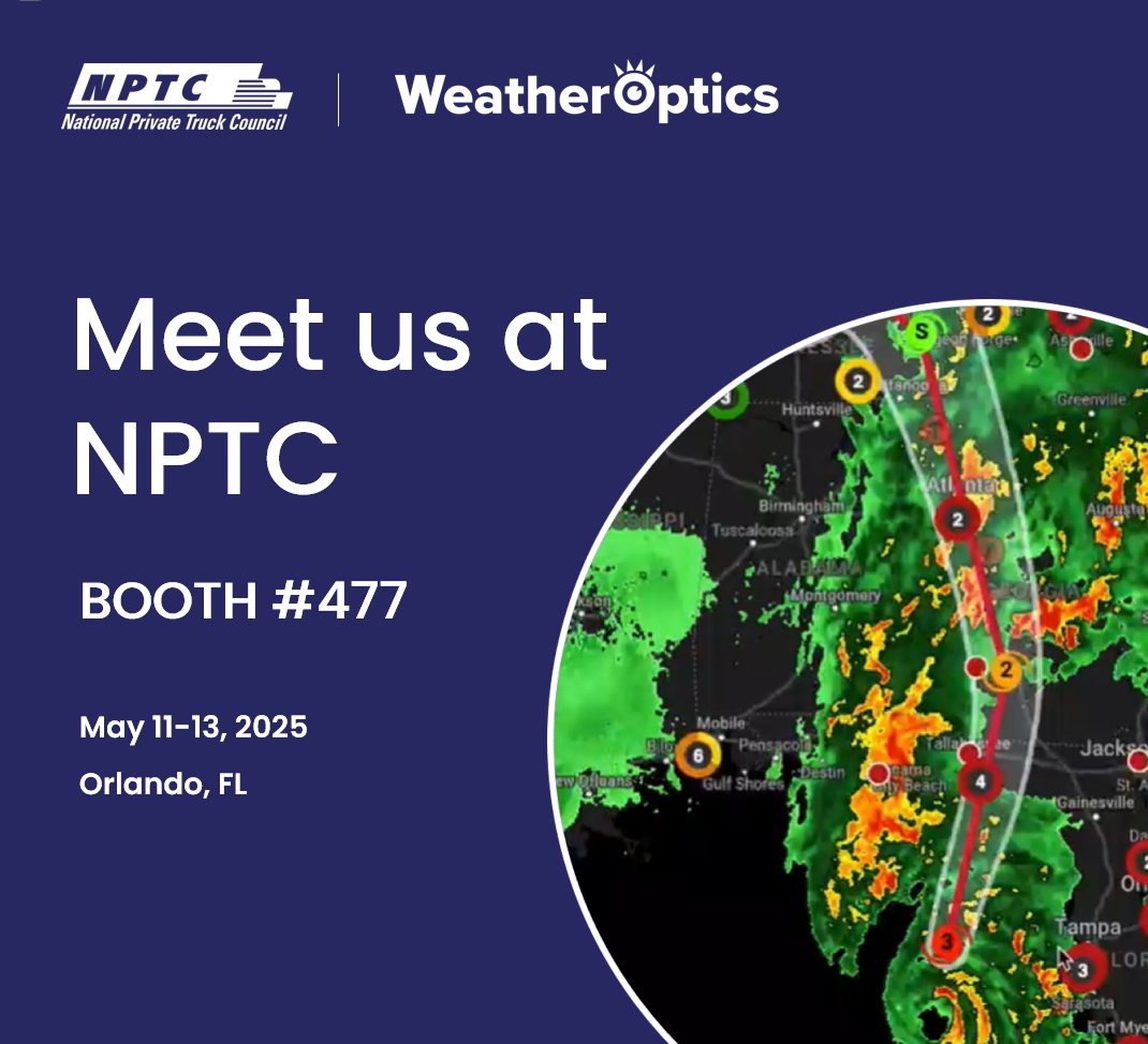WeatherOptics is heading to NPTC! We'll be in Orlando from May 11–13 for this years National Private Truck Council conference — and you can find us at Booth #477!

We’ll be showcasing how our ELD-integrated weather intelligence helps fleets like Pitney Bowes, Knight-Swift