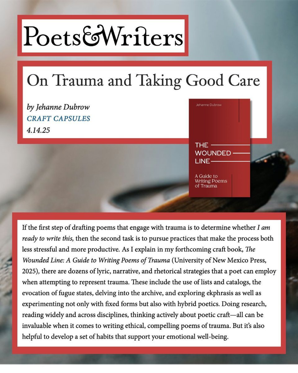 Pine State Publicity (@pinestatepub) on Twitter photo ICYMI: another brilliant <a href="/poetswritersinc/">Poets & Writers</a> craft capsule from Jehanne Dubrow, "On Trauma and Taking Good Care." More in her forthcoming book, The Wounded Line (this fall!)
pw.org/content/on_tra… ICYMI: another brilliant <a href="/poetswritersinc/">Poets & Writers</a> craft capsule from Jehanne Dubrow, "On Trauma and Taking Good Care." More in her forthcoming book, The Wounded Line (this fall!)
pw.org/content/on_tra…