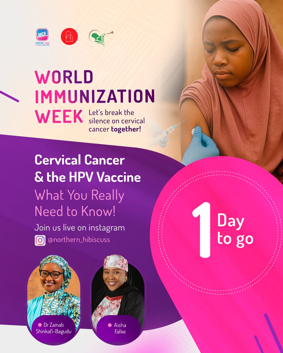 Zainab Shinkafi-Bagudu (@drzsb) on Twitter photo #WorldImmunizationWeek starts today.
Join <a href="/AishaFalke/">Aisha falke</a> and I, for an open discussion on HPV vaccine and cervical cancer.
To bust some myths, we have girls and mothers who have been vaccinated to share their experiences. In addition, <a href="/AdizatouGabon/">Hadiza Aliyu</a> will share a perspective also. #WorldImmunizationWeek starts today.
Join <a href="/AishaFalke/">Aisha falke</a> and I, for an open discussion on HPV vaccine and cervical cancer.
To bust some myths, we have girls and mothers who have been vaccinated to share their experiences. In addition, <a href="/AdizatouGabon/">Hadiza Aliyu</a> will share a perspective also.