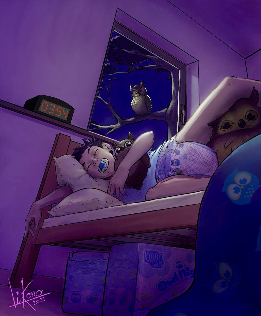 Sound asleep in the soft glow of the night, this little dreamer is snug and secure in his super soggy Kiddo Owlnight

Built for big dreams and even bigger protection. 🌙🦉💤 

us.kiddo-diapers.com/products/kiddo…

Art by the French artist <a href="/Likono_Art/">Likono</a>