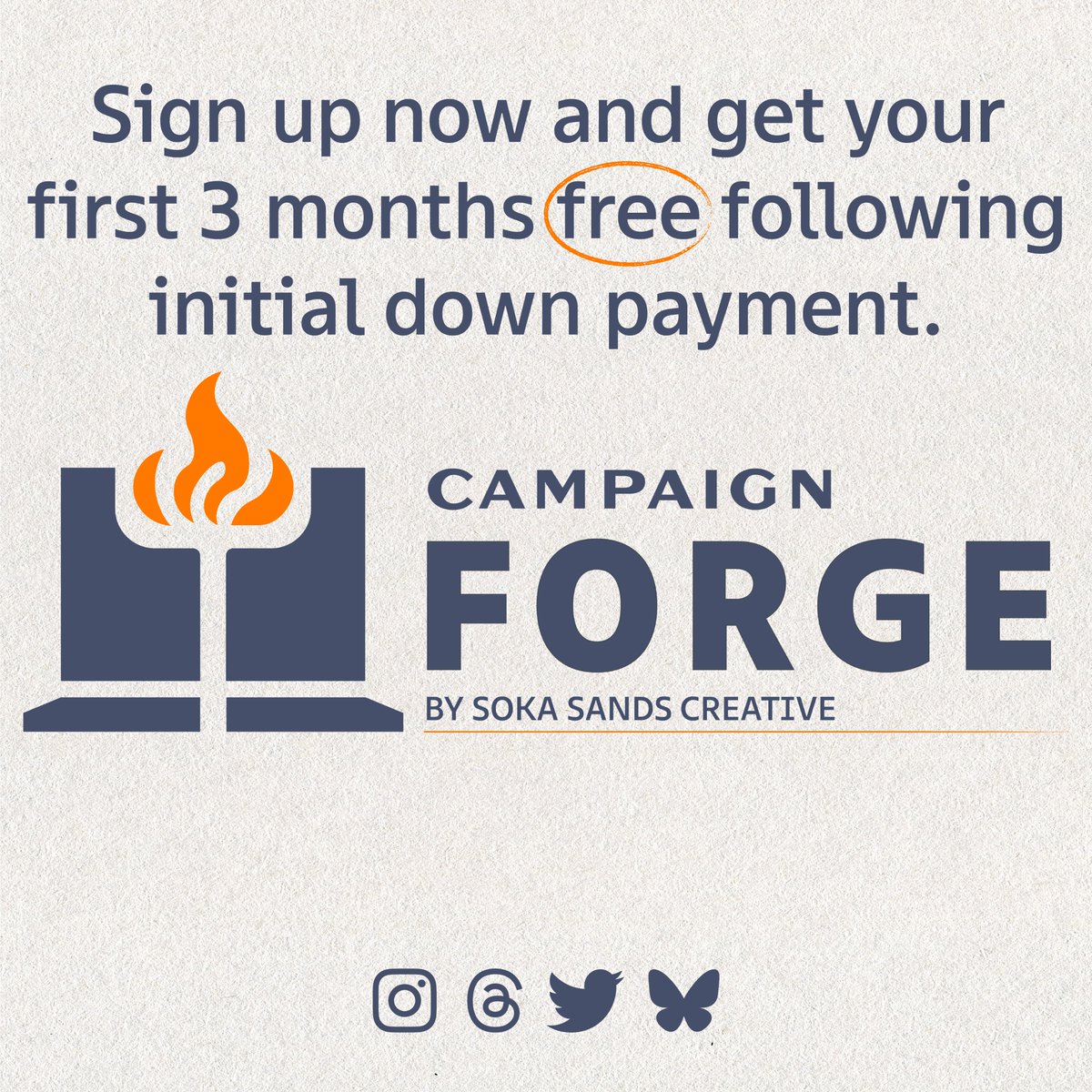SokaSands's tweet image. With Campaign Forge, we are proudly able to save you money while building out your war chest in the digital sphere.
Sign up today and get your first 3 months free following initial down payment! Visit sokasandscreative.com/campaign-forge to learn more.
Built to win, forged to last 🔥