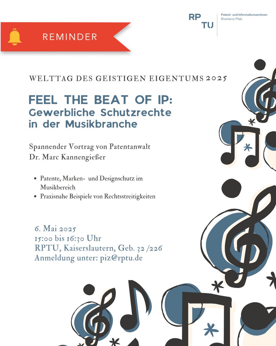 RPTU Transfer (@rptu_transfer) on Twitter photo 🎵 Musik machen ist kreativ – sie zu schützen ist strategisch!
Am 6. Mai um 15 Uhr zeigt Dr. Marc Kannengießer an der RPTU, wie Musikrecht funktioniert und warum’s zählt.
📍 RPTU Kaiserslautern, Geb. 32
✉️ Jetzt anmelden: piz@rptu.de
💡 Don’t miss it – protect your beats! 🎵 Musik machen ist kreativ – sie zu schützen ist strategisch!
Am 6. Mai um 15 Uhr zeigt Dr. Marc Kannengießer an der RPTU, wie Musikrecht funktioniert und warum’s zählt.
📍 RPTU Kaiserslautern, Geb. 32
✉️ Jetzt anmelden: piz@rptu.de
💡 Don’t miss it – protect your beats!