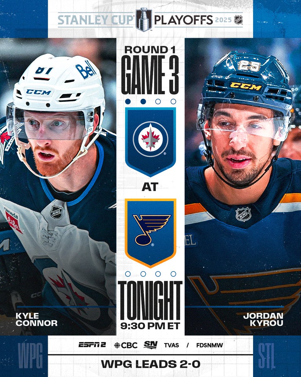 NHL Public Relations (@nhlpr) on Twitter photo The <a href="/StLouisBlues/">St. Louis Blues</a> aim to cut their series deficit in half when they host the <a href="/NHLJets/">Winnipeg Jets</a>, who are in pursuit of their second-ever 3-0 series lead, in Game 3.
🕤: 9:30 p.m. ET
📺: <a href="/Sportsnet/">Sportsnet</a>, <a href="/TVASports/">TVA Sports</a>, @ESPN 2 The <a href="/StLouisBlues/">St. Louis Blues</a> aim to cut their series deficit in half when they host the <a href="/NHLJets/">Winnipeg Jets</a>, who are in pursuit of their second-ever 3-0 series lead, in Game 3.
🕤: 9:30 p.m. ET
📺: <a href="/Sportsnet/">Sportsnet</a>, <a href="/TVASports/">TVA Sports</a>, @ESPN 2