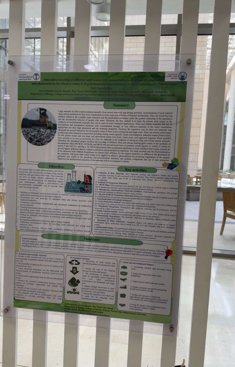بفضل الله شاركت اليوم بملصقين
عن انتاج مركبات نانوية ثورية من القطن ومواد عضوية تزيل تلوث الماء وتولد الطاقة

والآخر عن إعادة تدوير مبتكرة تزيل التلوث المرتبط بالبتروكيماويات

ضمن المعرض المصاحب لملتقى توقيع مذكرة التفاهم بين #جامعة_الأميرة_نورة وصندوق البيئة
#PNU
#د_أروى_الحقيل