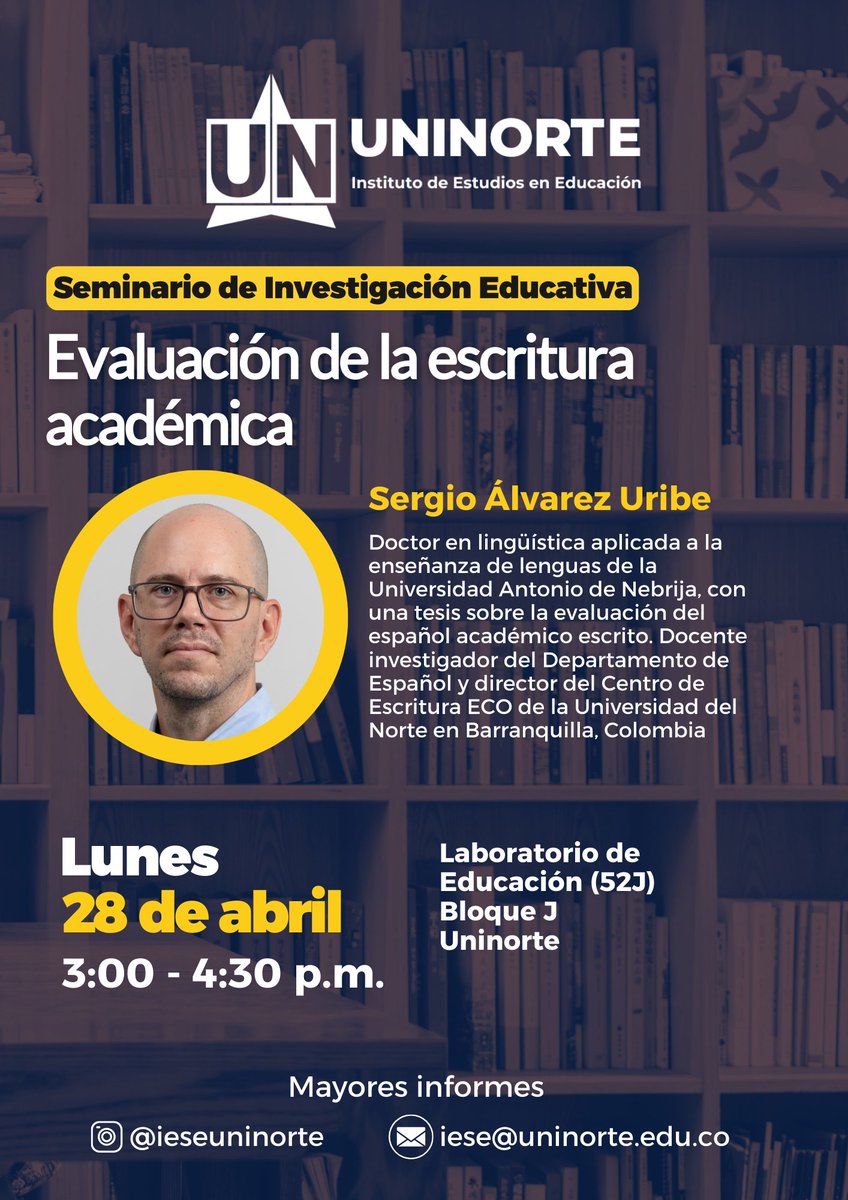 Este lunes 28 de abril a las 3:00 p.m.  en el marco del Seminario de Investigación Educativa, contaremos con la participación de Sergio Álvarez Uribe.
Enlace de inscripción: forms.office.com/Pages/Response…