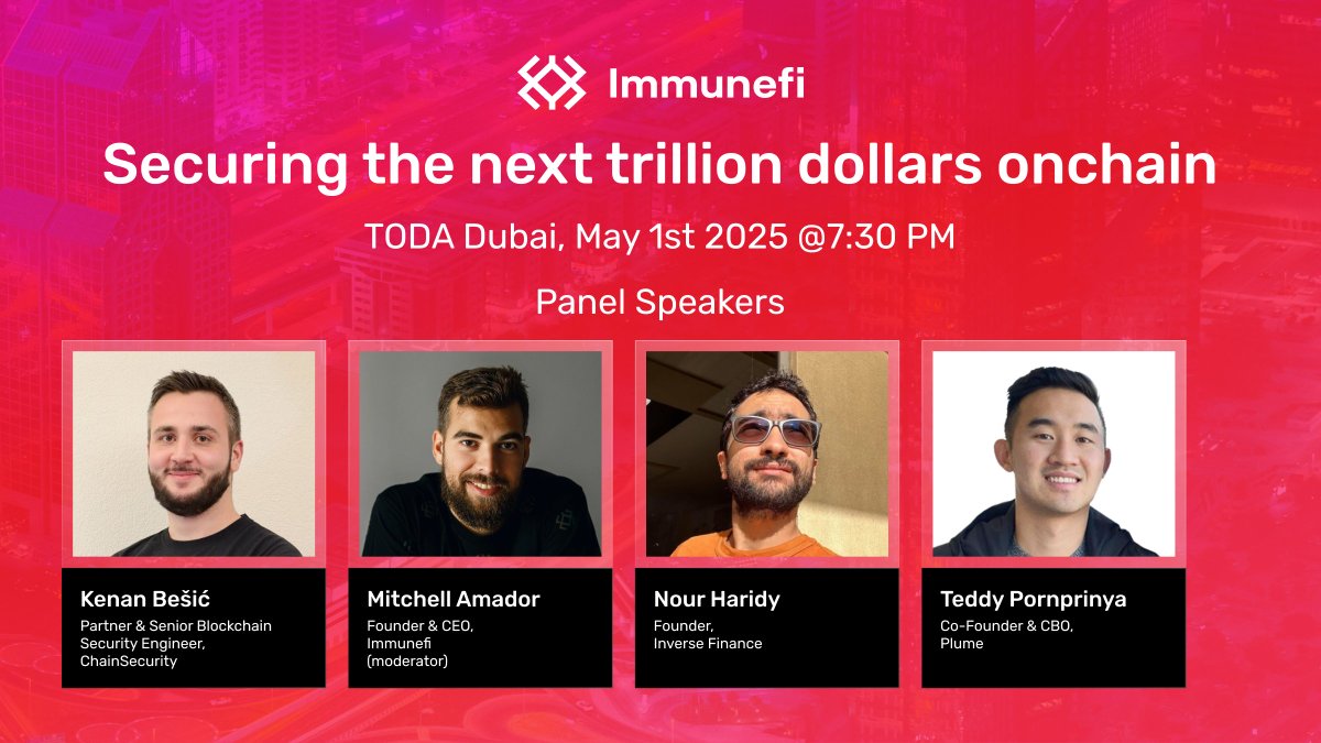 Immunefi (@immunefi) on Twitter photo We’re looking forward to hosting the panel discussion “Securing the Next Trillion Dollars Onchain” featuring Immunefi's CEO <a href="/MitchellAmador/">Mitchell Amador</a>, <a href="/chain_security/">ChainSecurity</a>'s Partner & Senior Blockchain Security Engineer Kenan Bešić, <a href="/InverseFinance/">Inverse</a>'s CEO <a href="/NourHaridy/">nour</a>, and <a href="/plumenetwork/">Plume - RWAfi Chain</a>'s We’re looking forward to hosting the panel discussion “Securing the Next Trillion Dollars Onchain” featuring Immunefi's CEO <a href="/MitchellAmador/">Mitchell Amador</a>, <a href="/chain_security/">ChainSecurity</a>'s Partner & Senior Blockchain Security Engineer Kenan Bešić, <a href="/InverseFinance/">Inverse</a>'s CEO <a href="/NourHaridy/">nour</a>, and <a href="/plumenetwork/">Plume - RWAfi Chain</a>'s
