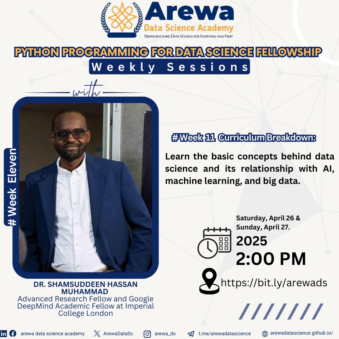 ArewaDataScience (@arewadatasc) on Twitter photo Week 11 Upcoming Sessions:
These sessions will be led by our esteemed mentor, Dr. <a href="/Shmuhammadd/">Shamsuddeen Hassan Muhammad, PhD</a> Hassan Muhammad
We look forward to your active participation in these sessions: bit.ly/arewads
#arewadatascience #arewa #python #pythonprogramming #NewCohort Week 11 Upcoming Sessions:
These sessions will be led by our esteemed mentor, Dr. <a href="/Shmuhammadd/">Shamsuddeen Hassan Muhammad, PhD</a> Hassan Muhammad
We look forward to your active participation in these sessions: bit.ly/arewads
#arewadatascience #arewa #python #pythonprogramming #NewCohort