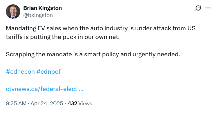 Brian is the head of the Canadian Automobile Manufacturers Association.

He has just thrown his support behind Pierre Poilievre's plan to scrap the Liberals EV mandate.