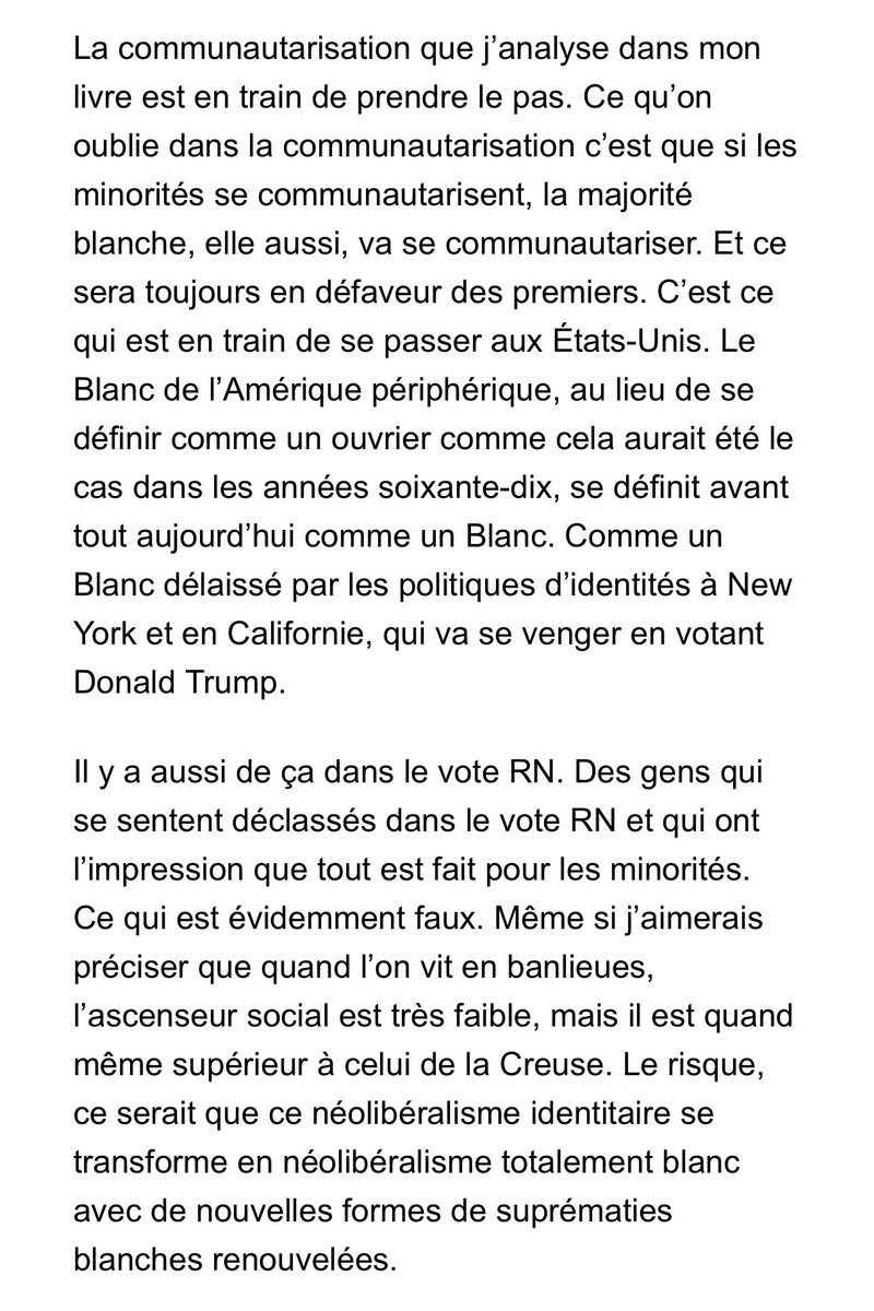Loin d’être d’accord sur tout, mais des constats justes et des propositions qui font avancer le débat : « Face aux deux antiracismes qui s'affrontent en France, un courant décolonial face à un courant libéral, Kevin Boucaud-Victoire  <a href="/K_Boucaud/">Kévin Boucaud-Victoire</a> oppose le sien, un #antiracisme