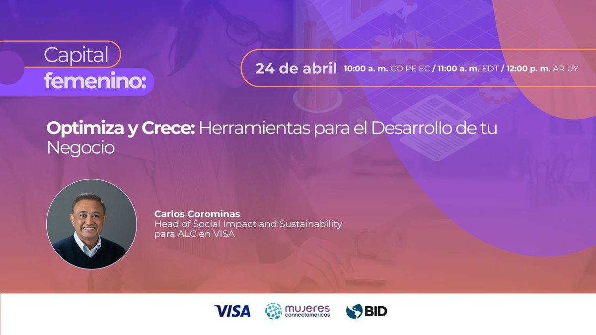 connectamericas's tweet image. 💼 Día 4 de #CapitalFemenino: herramientas financieras para tomar decisiones estratégicas
Hoy seguimos avanzando en nuestro ciclo de capacitaciones para mujeres empresarias de #AméricaLatina y el #Caribe, y en esta sesión trabajaremos junto a Visa para conocer #ENKO, una…