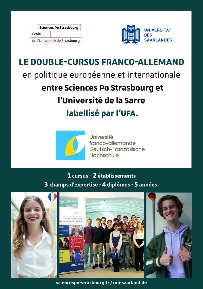 👏 Le double-cursus franco-allemand en politique européenne et internationale entre <a href="/ScPo_Strasbourg/">Sciences Po Strasbourg</a> et #UniversitätDesSaarlandes 👏labellisé par l'Université franco-allemande Deutsch-Französische Hochschule UFA DFH.
+d'infos sur ce cursus : sciencespo-strasbourg.fr/websites/scien…