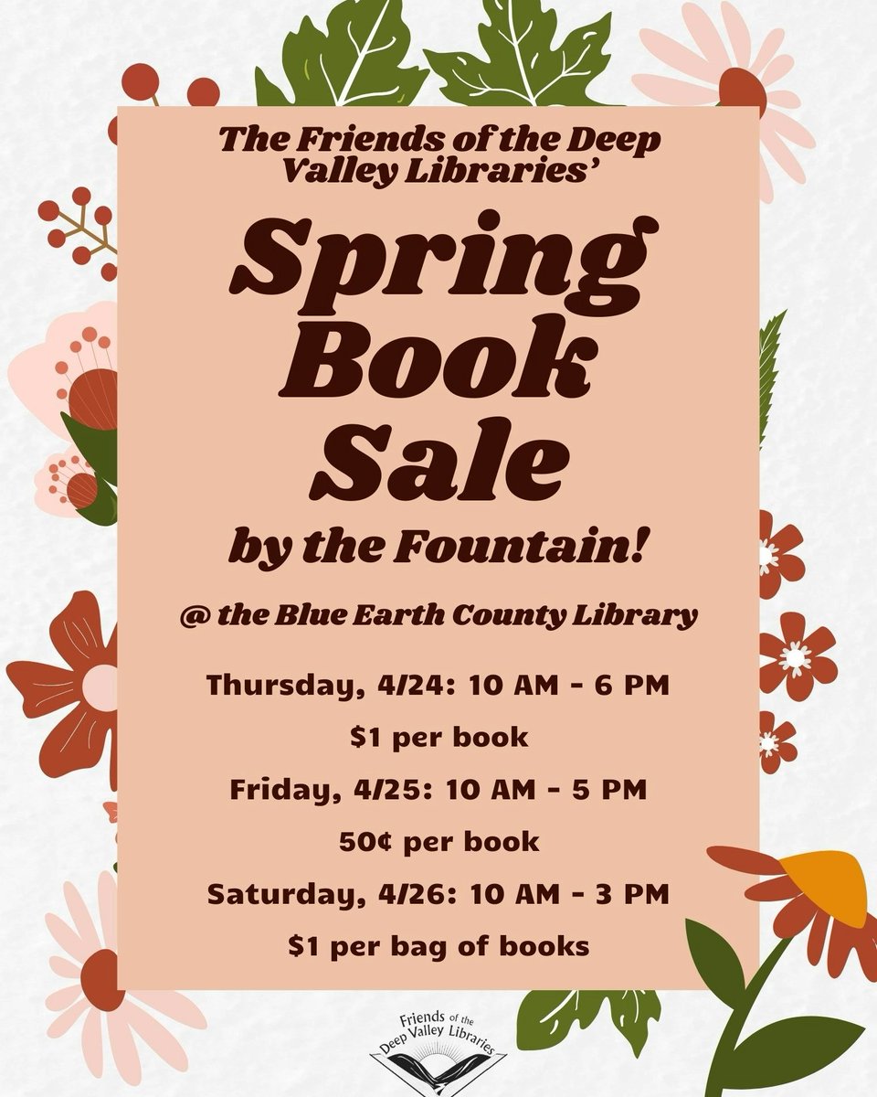 Be sure to visit the library today to check out the Friends of the Deep Valley Libraries' Spring Book Sale! Books are $1 each from 10 AM - 6 PM.