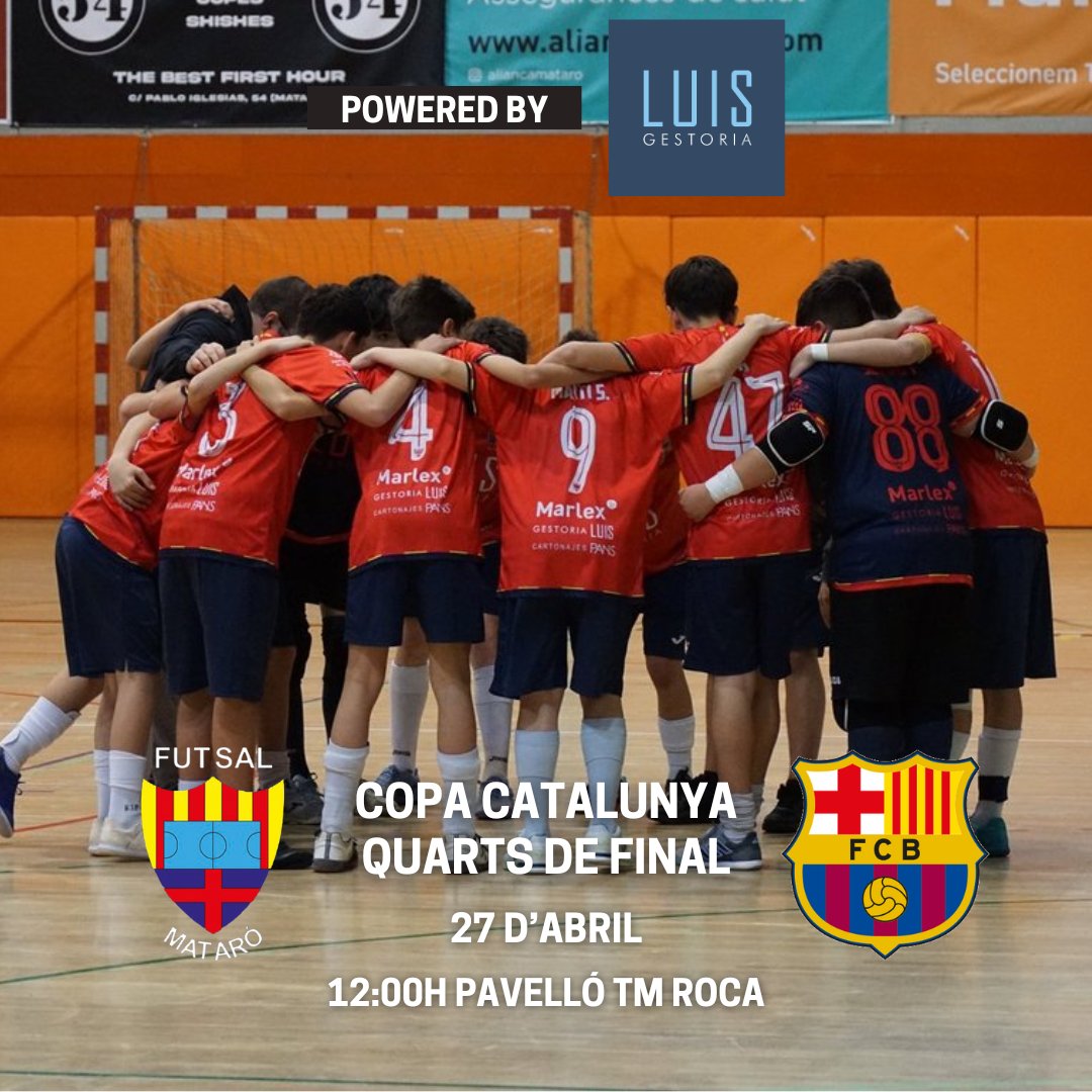 Futsal_Mataro's tweet photo. 🔥 L'infantil Gestoria Luis Mataró rep al FC Barcelona als quarts de final de la Copa Catalunya.
💥 No t’ho perdis! Viu l’emoció de la Copa al Roca!
🏆 Copa Catalunya
🆚️ @FCBfutbolsala
🗓 27 d'Abril
⏰️ 12:00h
🏟 Pavelló TM Roca
📺 Youtube
#maideixisdelluitar
#rams23 https://t.co/WfFfLpue91