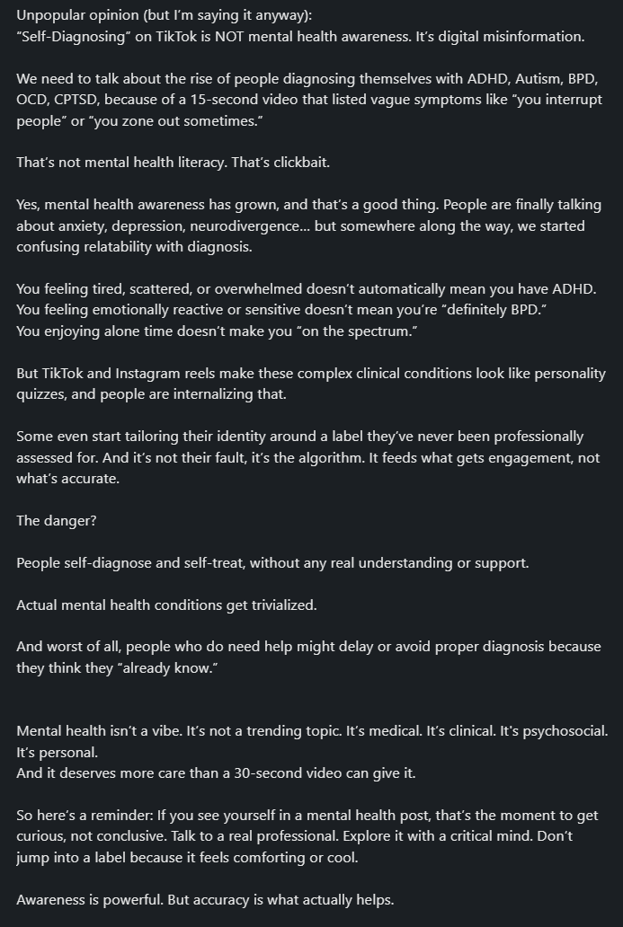 Stop diagnosing yourself with mental health issues through social media.

Always work with a mental health professional for proper diagnosis.

Book a session: safespacearena.setmore.com