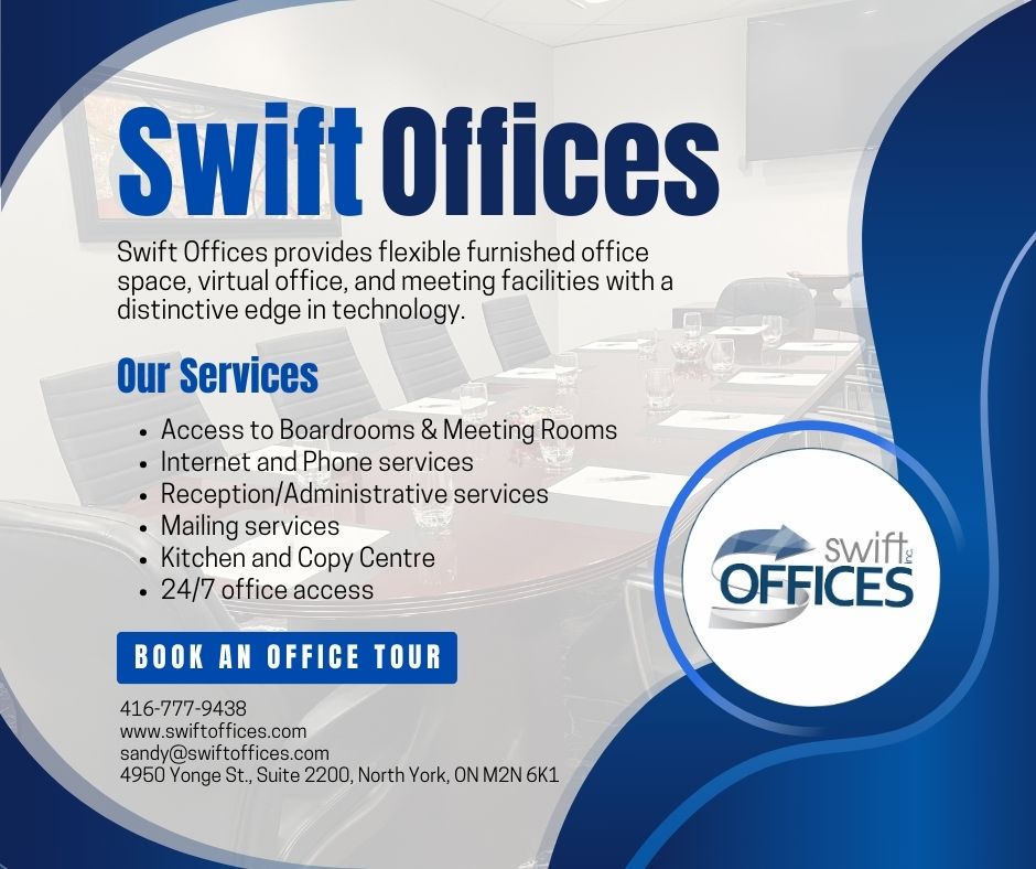 Swift Offices (@swiftoffices) on Twitter photo Beyond office spaces, we provide a range of services tailored to meet all your business needs.
☏ (416)-777-9438
✉ sandy@swiftoffices.com
#SwiftOffices #CoworkingSpace #OfficeLeasing #OfficeSpace #SharedOffice #OfficeSpaceForRent #OfficeRental #OfficeSuite #Toronto Beyond office spaces, we provide a range of services tailored to meet all your business needs.
☏ (416)-777-9438
✉ sandy@swiftoffices.com
#SwiftOffices #CoworkingSpace #OfficeLeasing #OfficeSpace #SharedOffice #OfficeSpaceForRent #OfficeRental #OfficeSuite #Toronto