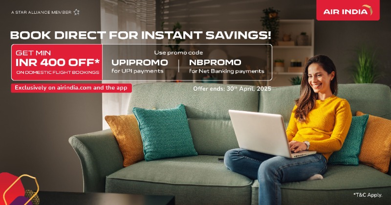 airindia's tweet photo. Book flights on the Air India app or website and save minimum ₹400 on Domestic &amp; ₹2500 on International flights. Hurry, offer ends 30th April 2025. Book now