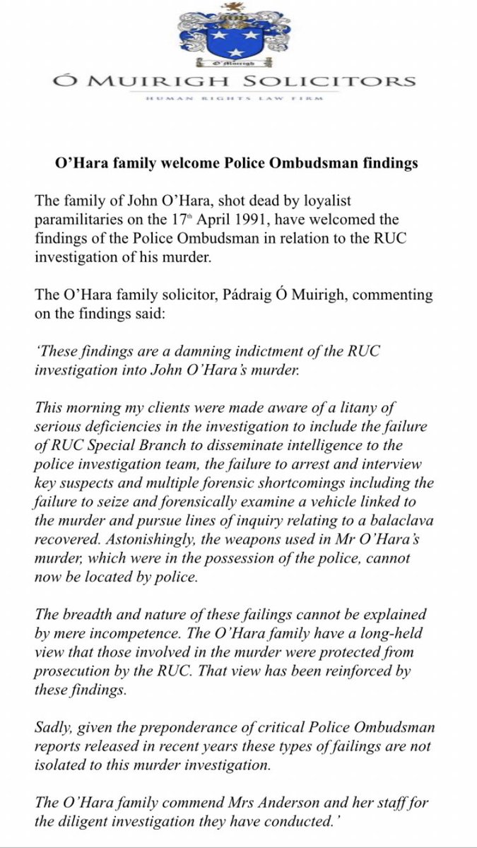 OMuirighSols's tweet image. O’Hara family statement re: damning Police Ombudsman findings into RUC investigation of the murder of John O’Hara👇