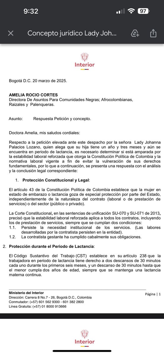 LadyPalcios's tweet photo. @AmeliaCotes @arielpalaciosa @infopresidencia @MinInterior @AABenedetti @petrogustavo El único concepto que conozco es el que emitió el Viceminsitro Gabriel Rondon, por parte suya ni siquiera una solicitud de documentos, esto es doloroso porque soy madre cabeza de hogar y lactante, y no quiero interponer recursos por qué no busco pelear con el ministerio. https://t.co/Fc2IAfX214