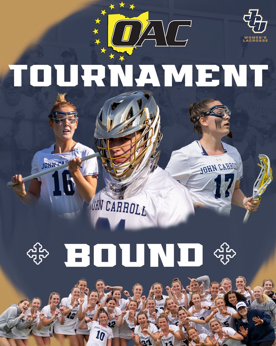 TOURNAMENT BOUND!

<a href="/JCUWLAX/">John Carroll Women’s Lacrosse</a> is officially the #2 seed in the OAC Tournament!

JCU will host the OAC Semifinal on Wednesday, April 30 and the winner of No. 6 Marietta at No. 3 Capital ⚡️
