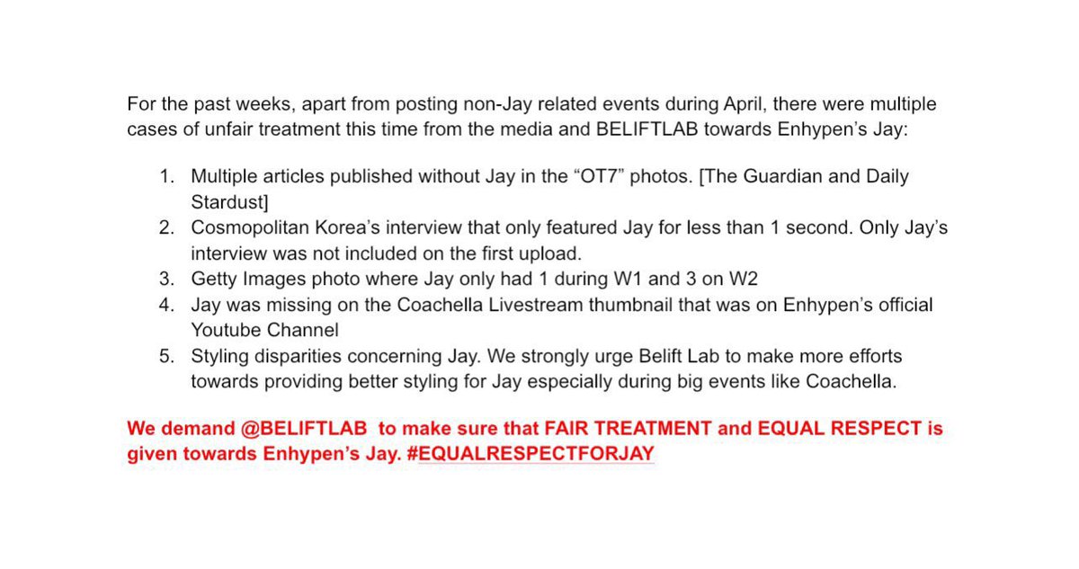 We demand <a href="/BELIFTLAB/">BELIFT LAB</a> to make sure that FAIR TREATMENT and EQUAL RESPECT is given towards Enhypen's Jay. #EQUALRESPECTFORJAY