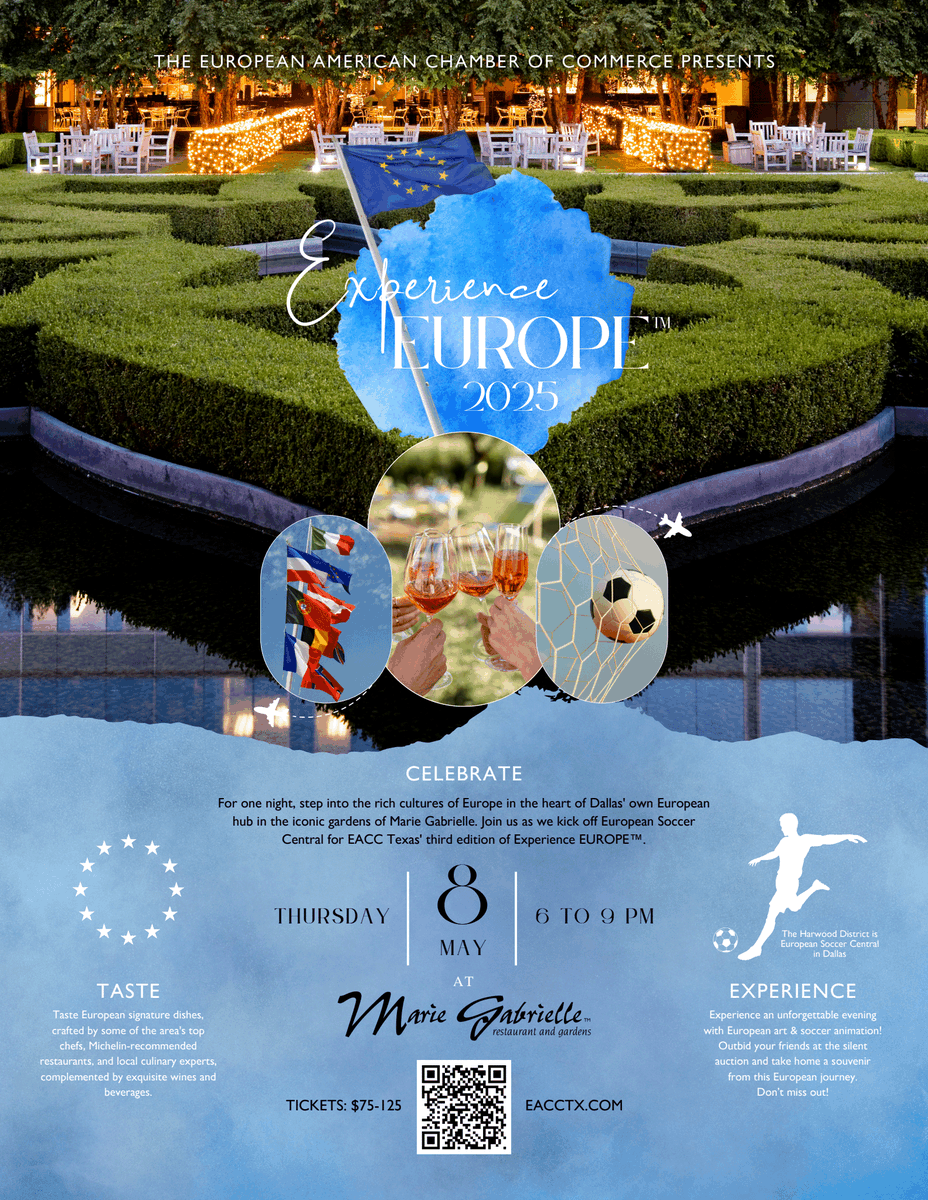 📢 ONLY TWO WEEKS AWAY from Experience EUROPE™ 2025! Network with Europe in Texas in the Harwood District as we KICKOFF European SOCCER Central in Dallas with 13 Restaurants, 10 Countries, and AMAZING FOOD AND WINES, ALL INCLUSIVE!

GET YOUR TICKETS HERE: lnkd.in/daMCzFdk