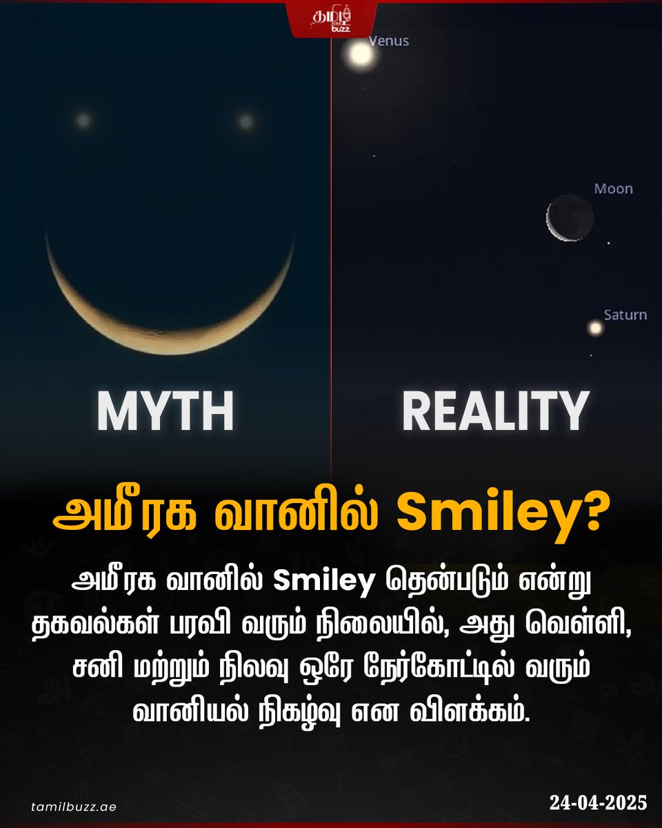 tamilbuzzdubai's tweet image. நாளை (ஏப்ரல் 25) வானில் Smiley வடிவம் 😊 தோன்றும் என சமூக வலைதளங்களில் தகவல்கள் பகிரப்பட்டு வரும் நிலையில், அமீரக வானியலாளர்கள் 🔭 அதன் உண்மைத் தன்மையை விளக்கியுள்ளனர். ✨

#TripleConjunction #SmileyFace #CelestialAlignment #Stargazing #CelestialEvents #UAE #dubaitamil