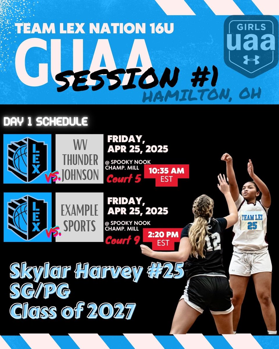 S๐๐ช๐๐๐ฃ H๐๐ฃ๐ง๐๐ช (@skyharvey23) on Twitter photo The 1st GUAA Session starts tomorrow in Hamilton, OH for our <a href="/TeamLexHoops/">Team Lex Basketball</a> team! See you on Court 5 and 9 tomorrow! #SkystheLimit๐๐
cc: <a href="/BasketballLone/">Gene Smith</a> <a href="/LexTarheels/">Team Lex Tarheels</a> <a href="/CoachJLinson/">Jessica Linson</a>
<a href="/UNProspects/">Mike Simmons</a> <a href="/LeftyyMike/">Michael J. Simmons</a> <a href="/gdluckap/">A.P.</a> <a href="/IMCOMING_INC/">Amateur Network</a> <a href="/SuddenEwbb/">Sudden Exposure</a> The 1st GUAA Session starts tomorrow in Hamilton, OH for our <a href="/TeamLexHoops/">Team Lex Basketball</a> team! See you on Court 5 and 9 tomorrow! #SkystheLimit๐๐
cc: <a href="/BasketballLone/">Gene Smith</a> <a href="/LexTarheels/">Team Lex Tarheels</a> <a href="/CoachJLinson/">Jessica Linson</a>
<a href="/UNProspects/">Mike Simmons</a> <a href="/LeftyyMike/">Michael J. Simmons</a> <a href="/gdluckap/">A.P.</a> <a href="/IMCOMING_INC/">Amateur Network</a> <a href="/SuddenEwbb/">Sudden Exposure</a>