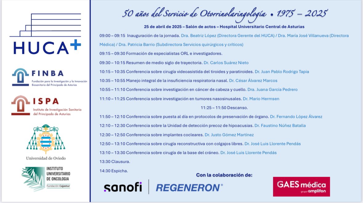 🗓️Viernes, 25 de marzo de 2025
📌Salón de Actos de <a href="/HUCA_Asturias/">@HUCA</a> 
 📝Jornada Científica:  50 años del Servicio de Otorrinolaringología 1975-2025
⏱️09.00 horas 
🗣️Intervienen: Consejera de Salud, Concepción Saavedra; Gerente del Área Sanitaria IV, Beatriz López Muñiz; y Jefe de