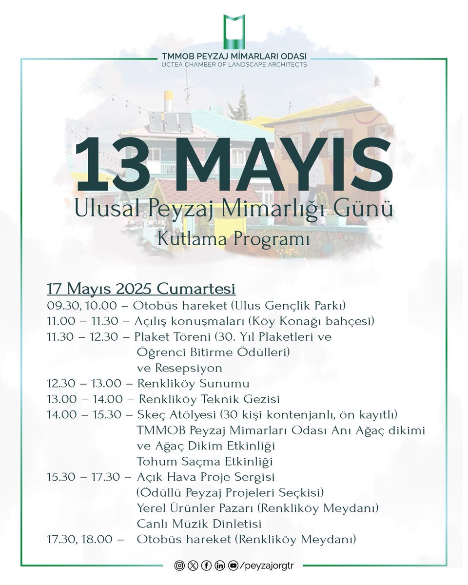 peyzajorgtr's tweet photo. 13 Mayıs Ulusal Peyzaj Mimarlığı Günü Kutlamaları için 17 Mayıs 2025 Cumartesi günü Ankara/Elmadağ – Renkliköy’de tüm meslektaşlarımızla bir arada olacağız!

https://t.co/PIAvHldgEF https://t.co/99AYd5pHYS