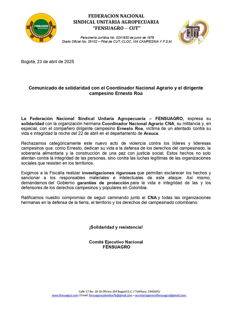 Fensuagro Colombia (@fensuagro1976) on Twitter photo Atacar a un líder campesino es golpear la esperanza del pueblo.
Nuestra solidaridad con Ernesto Roa y el <a href="/CNA_Colombia/">Coordinador Nacional Agrario | CNA-Colombia</a>.
¡Exigimos justicia y protección para quienes defienden el campo!
#FENSUAGRO #ErnestoRoa #CNA #JusticiaYa Atacar a un líder campesino es golpear la esperanza del pueblo.
Nuestra solidaridad con Ernesto Roa y el <a href="/CNA_Colombia/">Coordinador Nacional Agrario | CNA-Colombia</a>.
¡Exigimos justicia y protección para quienes defienden el campo!
#FENSUAGRO #ErnestoRoa #CNA #JusticiaYa