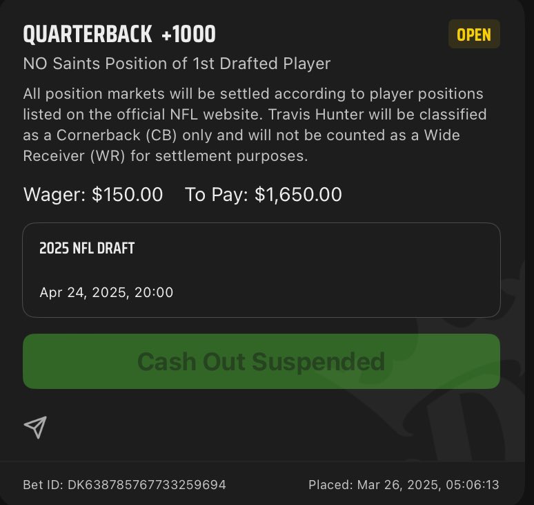 VegasValkys's tweet photo. My only draft bet from a month ago while listening to VSIN 24/7 while recovering from heart attack. Pick could go anywhere but hoping Aditi’s latest report is accurate 🙏🏻🤷🏻 #NobodyKnowsAnything https://t.co/Dz68kymZPn