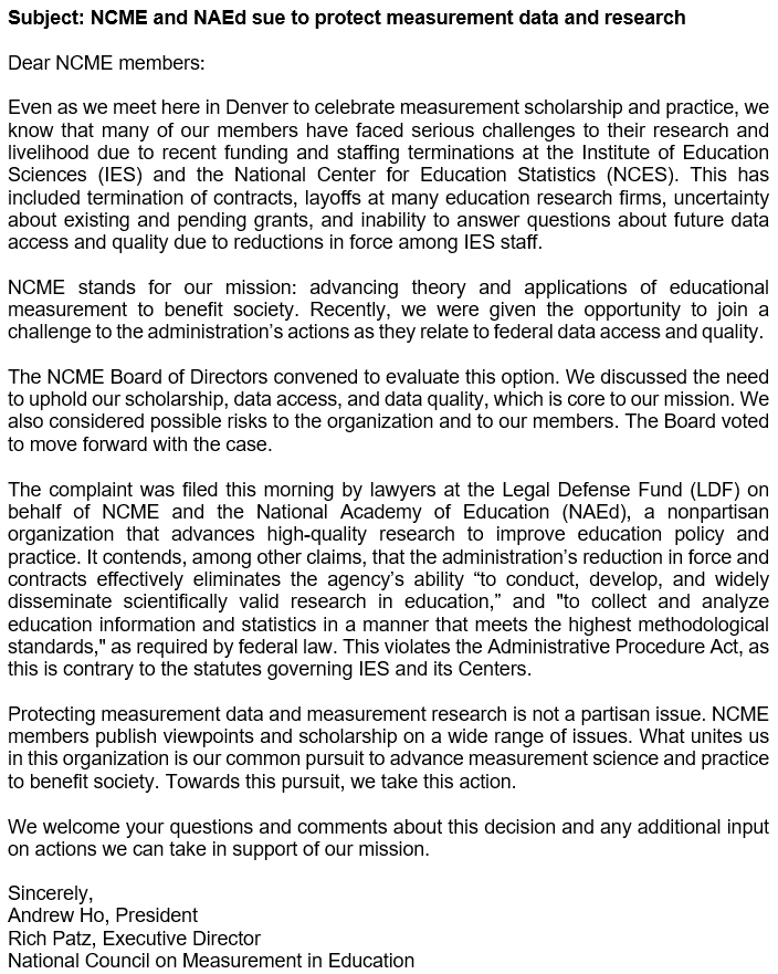 Andrew Ho (@andrewdeanho) on Twitter photo NCME sues to protect measurement data and research. "The law requires not only data access but data quality. For 88 years, our organization has upheld standards for valid measurements and measurement research. We do so again today.” @ncme38 #NCME25 naacpldf.org/press-release/… NCME sues to protect measurement data and research. "The law requires not only data access but data quality. For 88 years, our organization has upheld standards for valid measurements and measurement research. We do so again today.” @ncme38 #NCME25 naacpldf.org/press-release/…